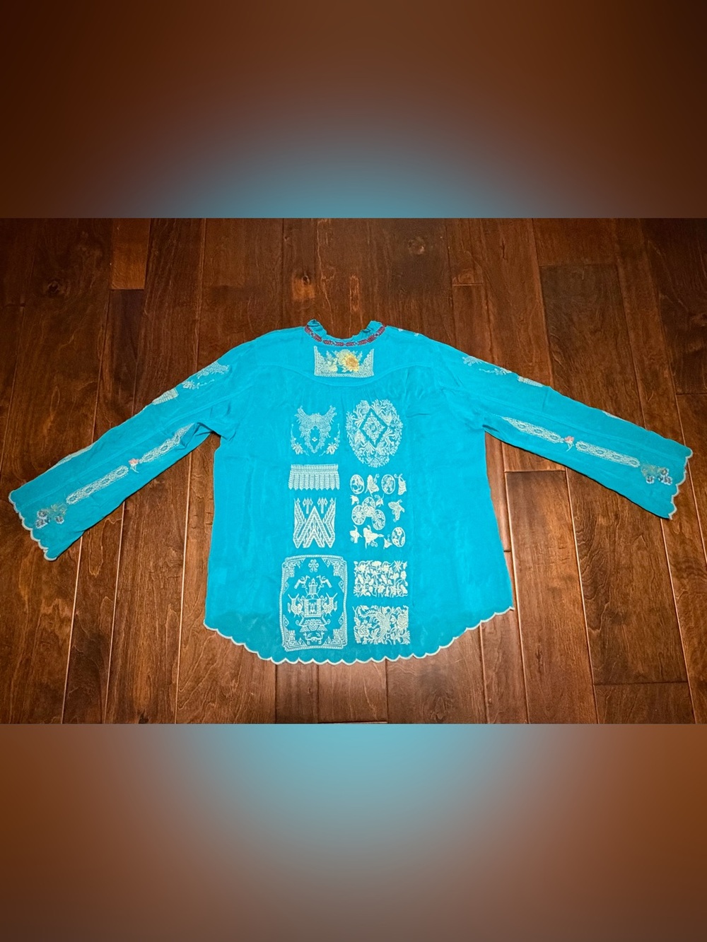 Johnny Was Turquoise Floral Embroidered Tunic Top - Picture 13 of 14